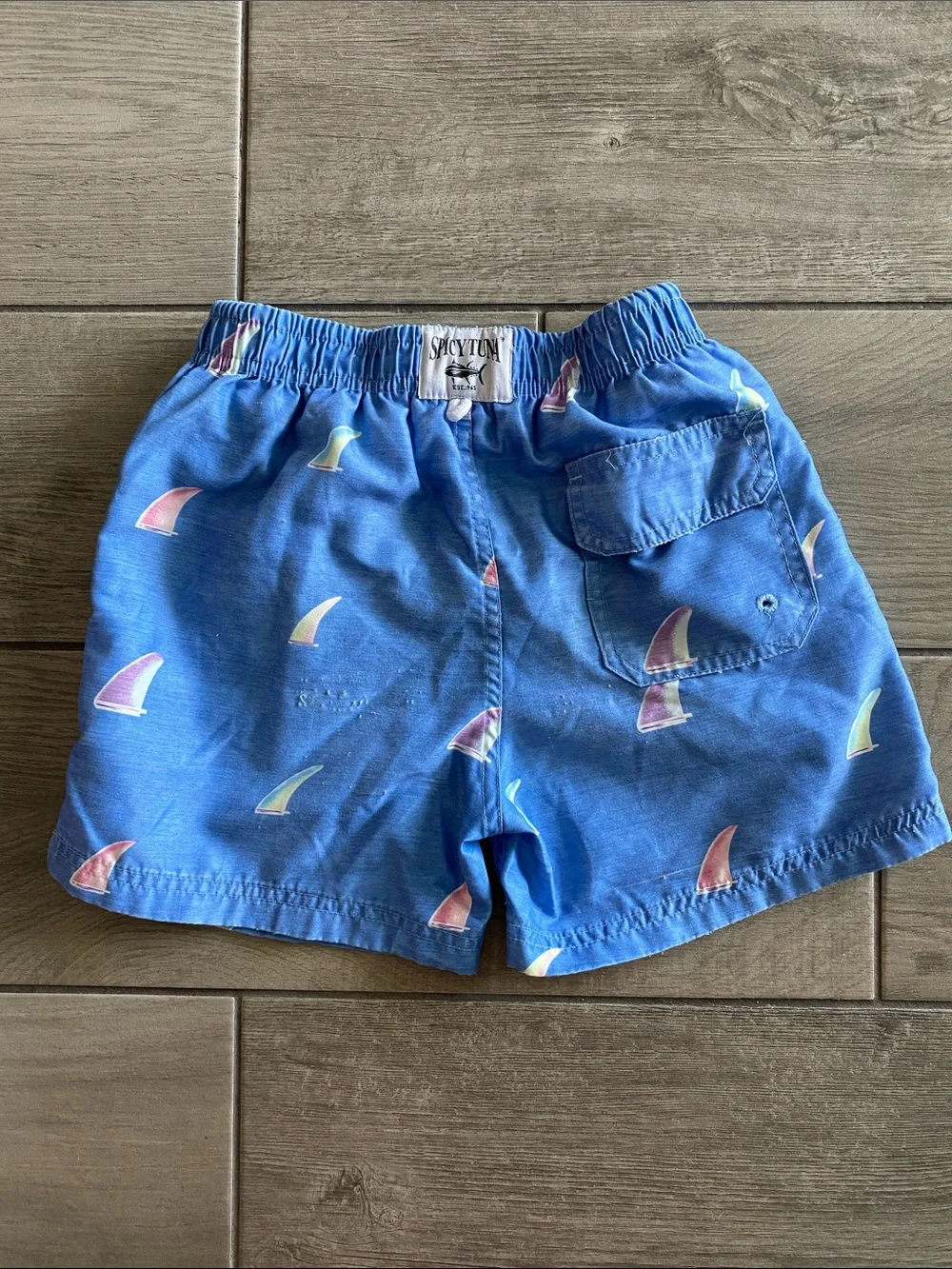 Spicy Tuna Boys Swim Trunks - Blue with shark fin graphics